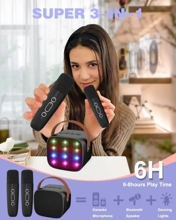 Mini Karaoke Machine with Kids Adults, Portable Bluetooth Speaker 2 Wireless Microphones, Gift for BoyToys 4, 5, 6, 7, 8, 10, 12+ Years Birthday Party (Black) - Image 7
