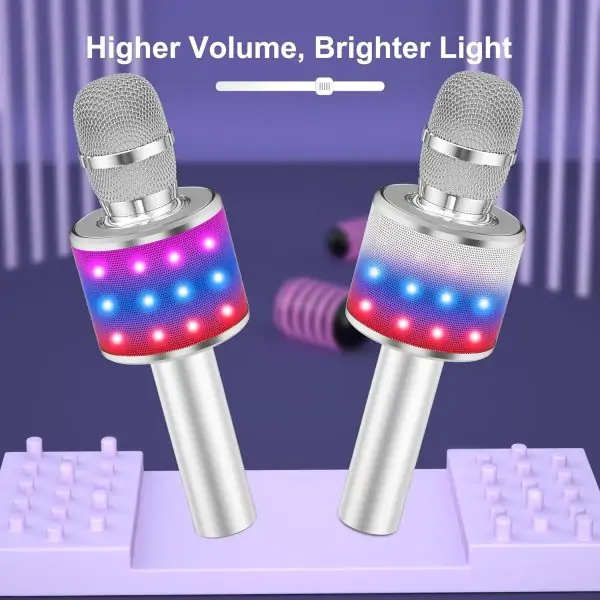 BONAOK Bluetooth Wireless Karaoke Microphone with LED Lights,4-in-1 Portable Handheld Mic with Speaker Karaoke Player for Singing Home Party Toys Birthday Gift for Kids Adults Girls Q78(Silver) - Image 4