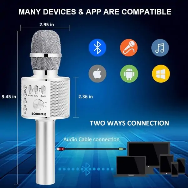 BONAOK Wireless Bluetooth Karaoke Microphone,3-in-1 Portable Handheld Mic Speaker for All Smartphones,Gifts for Kids Adults All Age Q37(Silver) - Image 5