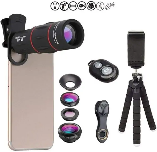 Phone Camera Lens Kit,4 in 1 Cell Phone Camera Lenses Kit - 18X Telescopic Lens + 198° Fisheye Lens + 0.36 Super Wide Angle Lens 15X Macro Lens