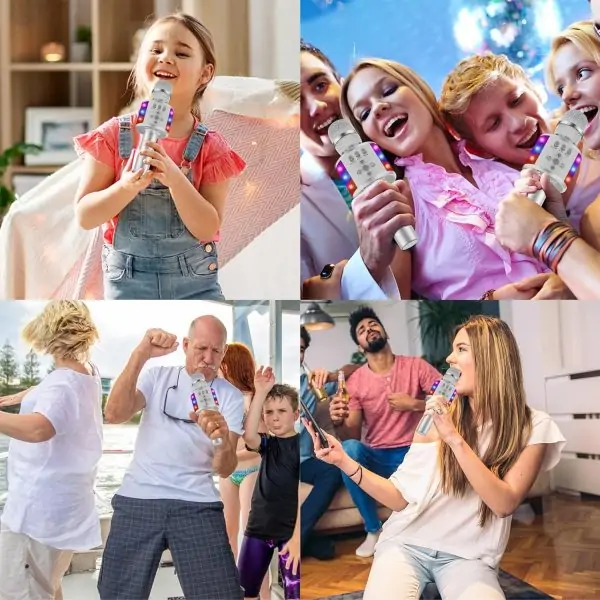 BONAOK Bluetooth Wireless Karaoke Microphone with LED Lights,4-in-1 Portable Handheld Mic with Speaker Karaoke Player for Singing Home Party Toys Birthday Gift for Kids Adults Girls Q78(Silver) - Image 3