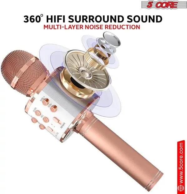 5 CORE Bluetooth Wireless Karaoke Microphone All-in-One Premium Handheld Karaoke Mic Speaker Recorder Player w/Adjustable Remix FM Radio Great Gifts for Girls Boys Adults All Age WM SPK Copper - Image 8