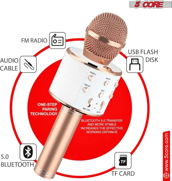 5 CORE Bluetooth Wireless Karaoke Microphone All-in-One Premium Handheld Karaoke Mic Speaker Recorder Player w/Adjustable Remix FM Radio Great Gifts for Girls Boys Adults All Age WM SPK Copper - Image 5