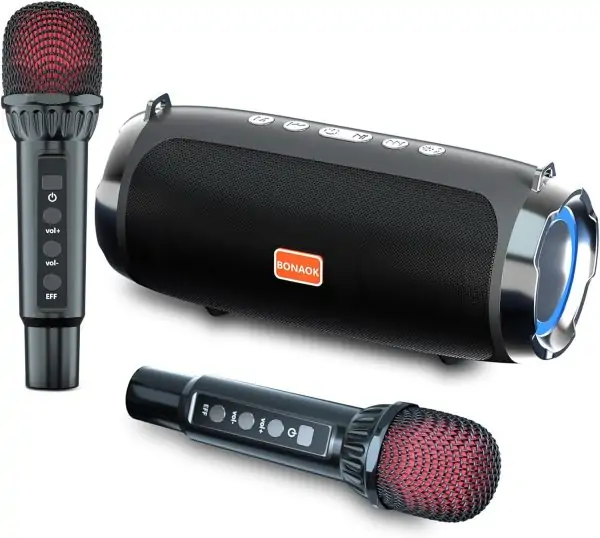 BONAOK Karaoke Machine for Adult Kids, Portable Bluetooth Speaker with 2 Wireless Microphones, Singing Karaoke Player for Birthday Gift Party Family Supports TWS/Bluetooth/TF/AUX/USB(T-15,Black)