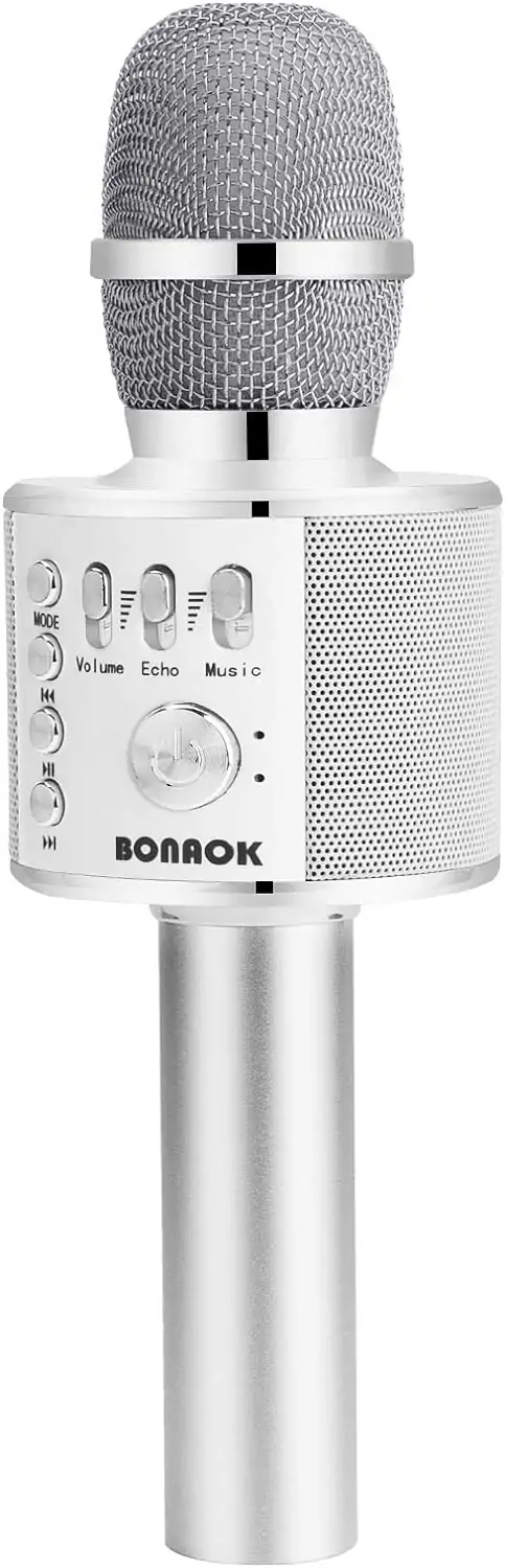 BONAOK Wireless Bluetooth Karaoke Microphone,3-in-1 Portable Handheld Mic Speaker for All Smartphones,Gifts for Kids Adults All Age Q37(Silver)