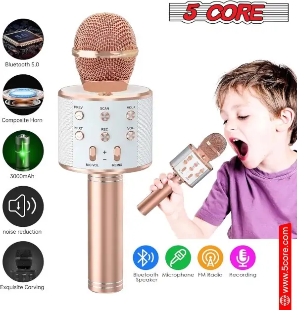 5 CORE Bluetooth Wireless Karaoke Microphone All-in-One Premium Handheld Karaoke Mic Speaker Recorder Player w/Adjustable Remix FM Radio Great Gifts for Girls Boys Adults All Age WM SPK Copper - Image 3