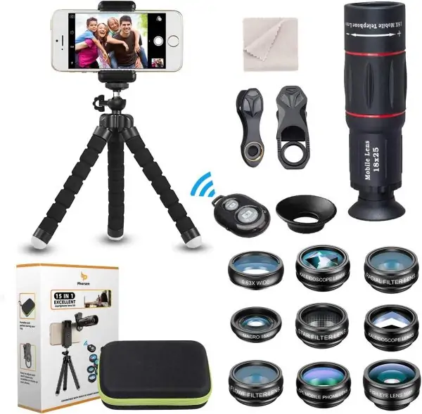 15 in 1 Universal Phone Camera Lens Kit 18X Telephoto lens Wide Angle lens,Macro Lens, Fisheye lens,Kaleidoscope 3/6 lens, CPL/Flow/Star/Radial Filter, Tripod, Remote Shutter for most of Smartphone