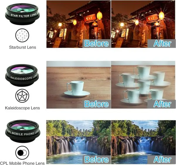 Cell Phone Camera Lens Kit,11 in 1 Universal 20x Telephoto Lens,0.63Wide Angle+15X Macro+198°Fisheye+2X Telephoto+Kaleidoscope+CPL/Starlight/Eyemask/Tripod,for Most iPhone Smartphone (Black) - Image 4