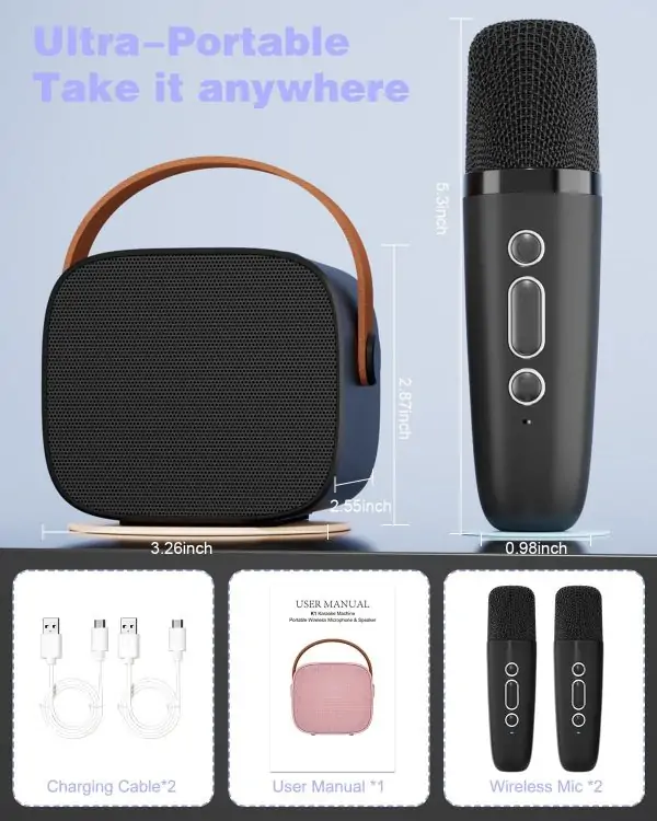 Mini Karaoke Machine with Kids Adults, Portable Bluetooth Speaker 2 Wireless Microphones, Gift for BoyToys 4, 5, 6, 7, 8, 10, 12+ Years Birthday Party (Black) - Image 3