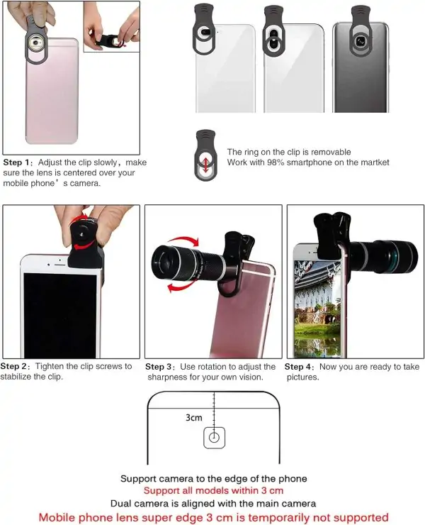 Cell Phone Camera Lens Kit,11 in 1 Universal 20x Telephoto Lens,0.63Wide Angle+15X Macro+198°Fisheye+2X Telephoto+Kaleidoscope+CPL/Starlight/Eyemask/Tripod,for Most iPhone Smartphone (Black) - Image 8