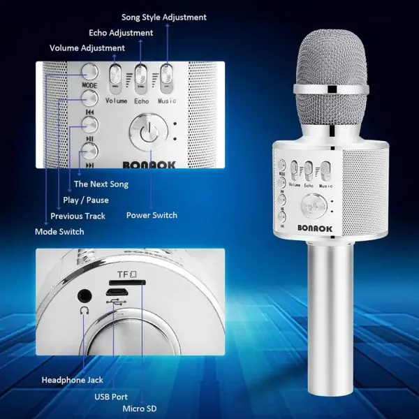 BONAOK Wireless Bluetooth Karaoke Microphone,3-in-1 Portable Handheld Mic Speaker for All Smartphones,Gifts for Kids Adults All Age Q37(Silver) - Image 3
