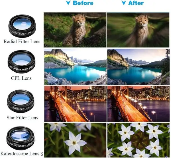 15 in 1 Universal Phone Camera Lens Kit 18X Telephoto lens Wide Angle lens,Macro Lens, Fisheye lens,Kaleidoscope 3/6 lens, CPL/Flow/Star/Radial Filter, Tripod, Remote Shutter for most of Smartphone - Image 6
