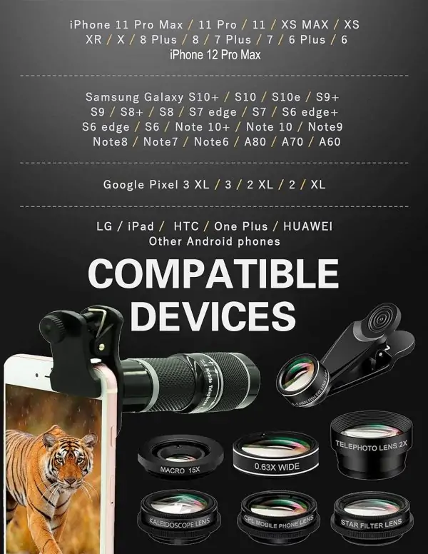 Cell Phone Camera Lens Kit,11 in 1 Universal 20x Telephoto Lens,0.63Wide Angle+15X Macro+198°Fisheye+2X Telephoto+Kaleidoscope+CPL/Starlight/Eyemask/Tripod,for Most iPhone Smartphone (Black) - Image 2