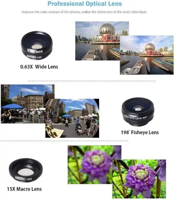 Phone Camera Lens Kit,4 in 1 Cell Phone Camera Lenses Kit - 18X Telescopic Lens + 198° Fisheye Lens + 0.36 Super Wide Angle Lens 15X Macro Lens - Image 8