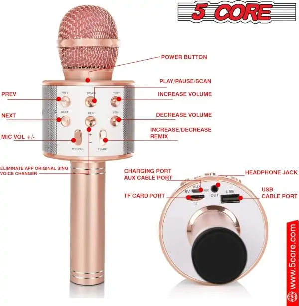 5 CORE Bluetooth Wireless Karaoke Microphone All-in-One Premium Handheld Karaoke Mic Speaker Recorder Player w/Adjustable Remix FM Radio Great Gifts for Girls Boys Adults All Age WM SPK Copper - Image 9