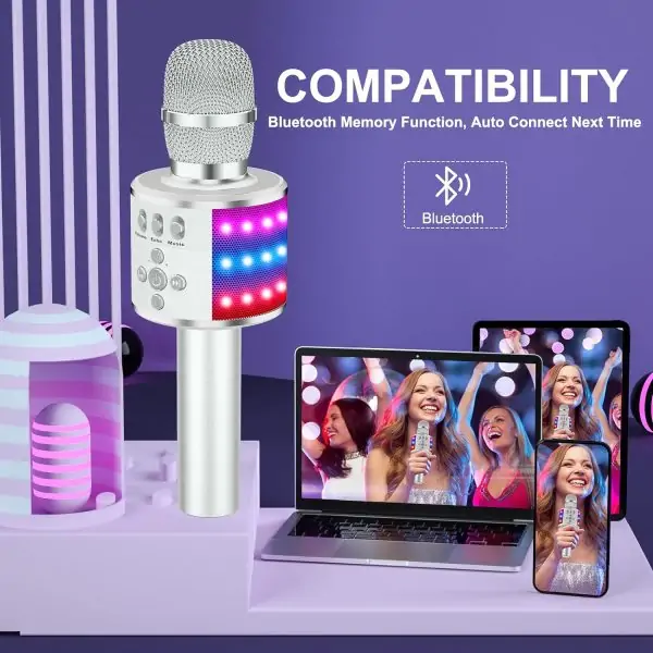 BONAOK Bluetooth Wireless Karaoke Microphone with LED Lights,4-in-1 Portable Handheld Mic with Speaker Karaoke Player for Singing Home Party Toys Birthday Gift for Kids Adults Girls Q78(Silver) - Image 5