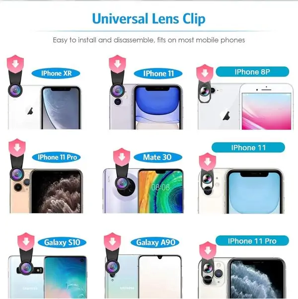 Cell Phone Camera Lens Kit,11 in 1 Universal 20x Telephoto Lens,0.63Wide Angle+15X Macro+198°Fisheye+2X Telephoto+Kaleidoscope+CPL/Starlight/Eyemask/Tripod,for Most iPhone Smartphone (Black) - Image 3