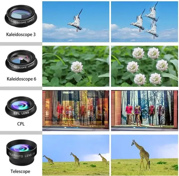 Phone Camera Lens Kit, 11 in 1 Cellphone Lens Kit for iPhone and Android, 0.63X Wide Angle+15X Macro+ 198°Fisheye+Telephoto+CPL/Flow/Radial/Star/Soft Filter+Kaleidoscope Lens - Image 4