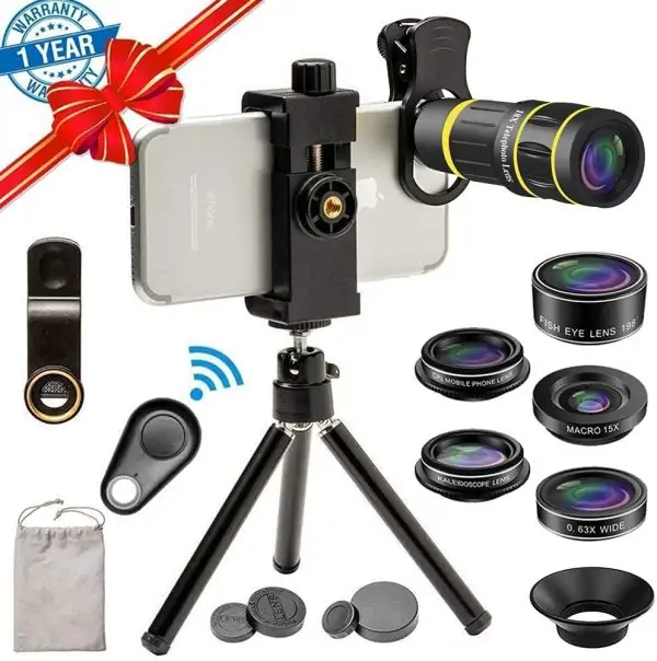 Cell Phone Camera Lens Kit, SEVENKA 18X Telephoto Lens with Remote Shutter, Tripod, Fisheye, Macro and Wide Angle Lens for iPhone 11 Pro Max X XS Max XR/8/7/6/6s Samsung Android Smartphone Black