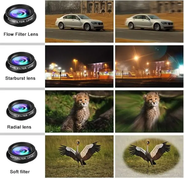 Phone Camera Lens Kit, 11 in 1 Cellphone Lens Kit for iPhone and Android, 0.63X Wide Angle+15X Macro+ 198°Fisheye+Telephoto+CPL/Flow/Radial/Star/Soft Filter+Kaleidoscope Lens - Image 5