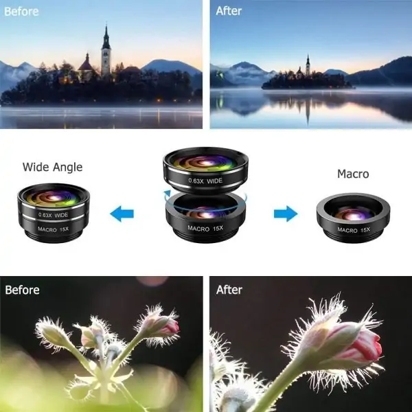 Phone Camera Lens Kit, 11 in 1 Cellphone Lens Kit for iPhone and Android, 0.63X Wide Angle+15X Macro+ 198°Fisheye+Telephoto+CPL/Flow/Radial/Star/Soft Filter+Kaleidoscope Lens - Image 2