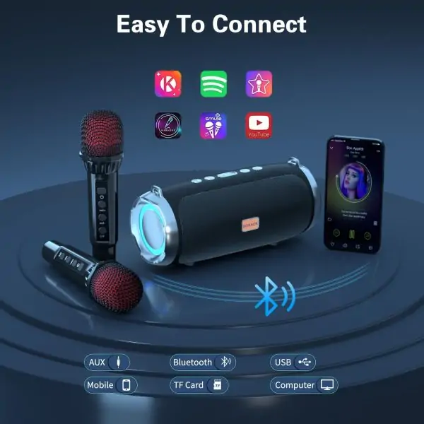 BONAOK Karaoke Machine for Adult Kids, Portable Bluetooth Speaker with 2 Wireless Microphones, Singing Karaoke Player for Birthday Gift Party Family Supports TWS/Bluetooth/TF/AUX/USB(T-15,Black) - Image 7