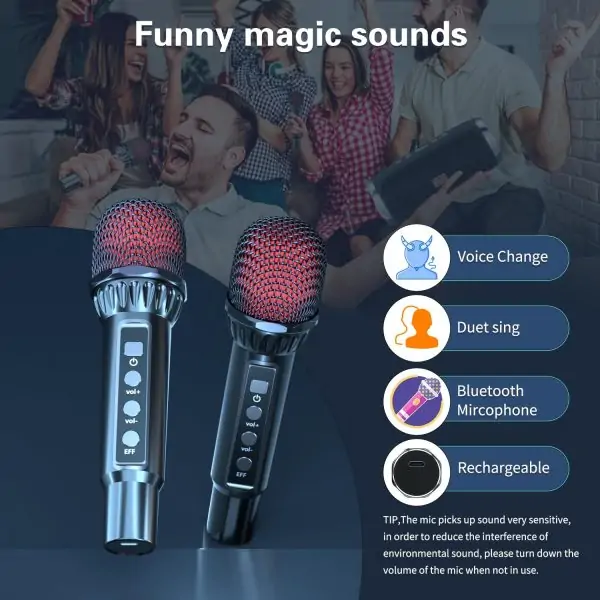 BONAOK Karaoke Machine for Adult Kids, Portable Bluetooth Speaker with 2 Wireless Microphones, Singing Karaoke Player for Birthday Gift Party Family Supports TWS/Bluetooth/TF/AUX/USB(T-15,Black) - Image 6