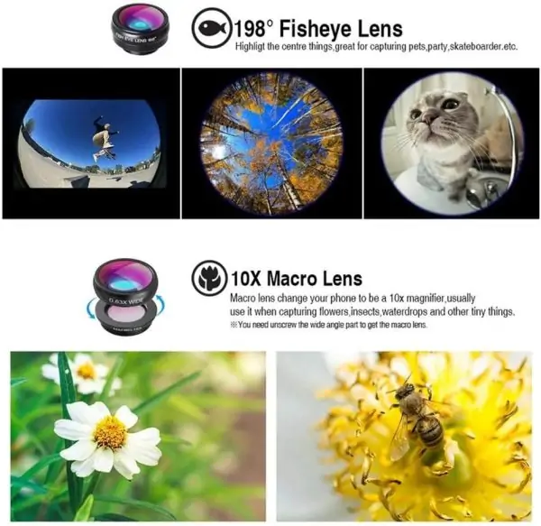 Phone Camera Lens Kit,4 in 1 Cell Phone Camera Lenses Kit - 18X Telescopic Lens + 198° Fisheye Lens + 0.36 Super Wide Angle Lens 15X Macro Lens - Image 7