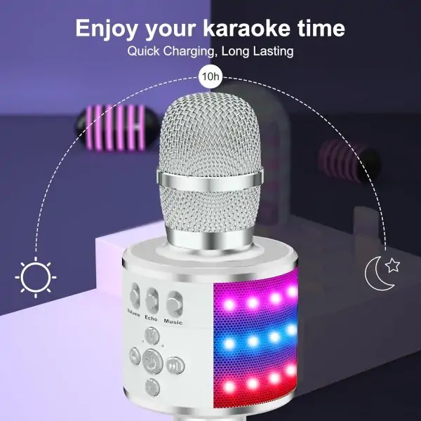 BONAOK Bluetooth Wireless Karaoke Microphone with LED Lights,4-in-1 Portable Handheld Mic with Speaker Karaoke Player for Singing Home Party Toys Birthday Gift for Kids Adults Girls Q78(Silver) - Image 6